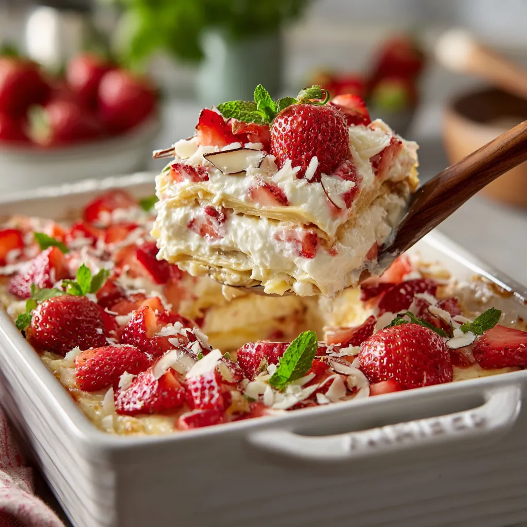A fork is being used to eat a piece of strawberry shortcake lasagna.