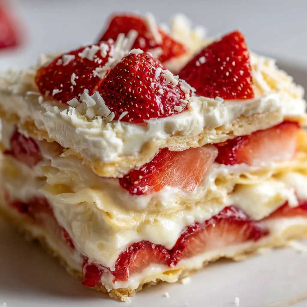 A slice of strawberry shortcake lasagna.