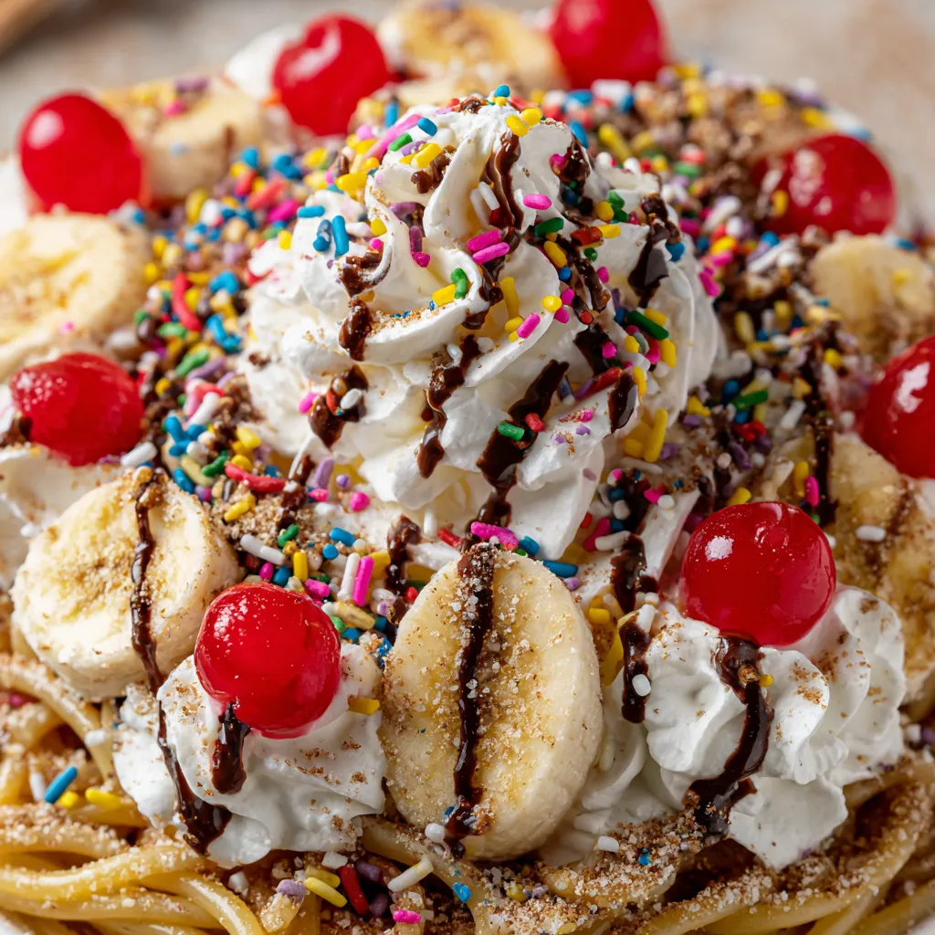 A banana split spaghetti dish with chocolate and whipped cream.