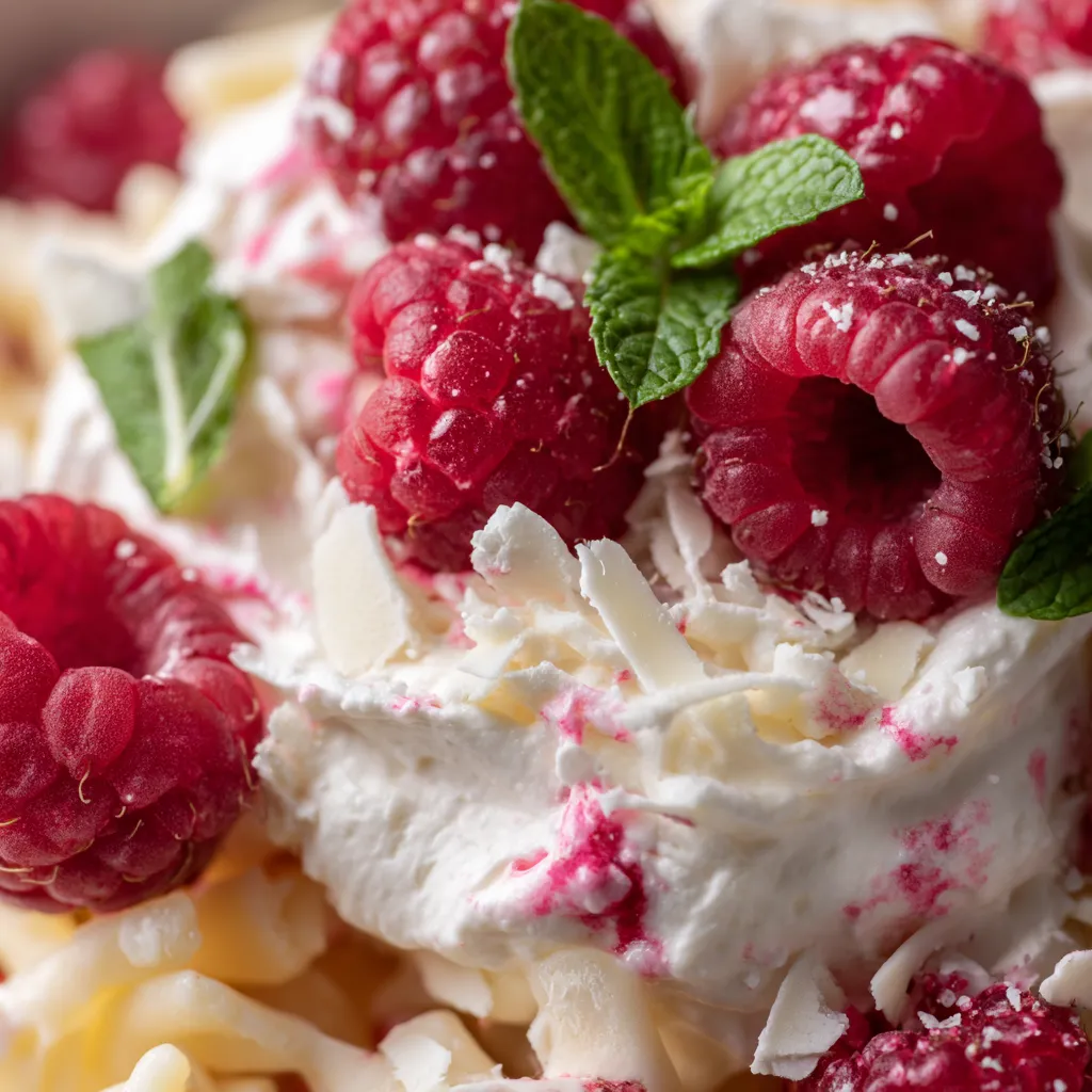 A white chocolate raspberry pasta parfait.