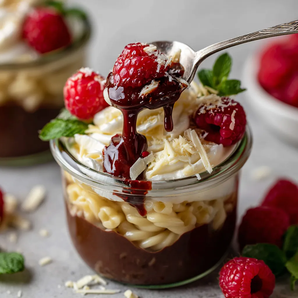 A glass of white chocolate raspberry pasta parfait.