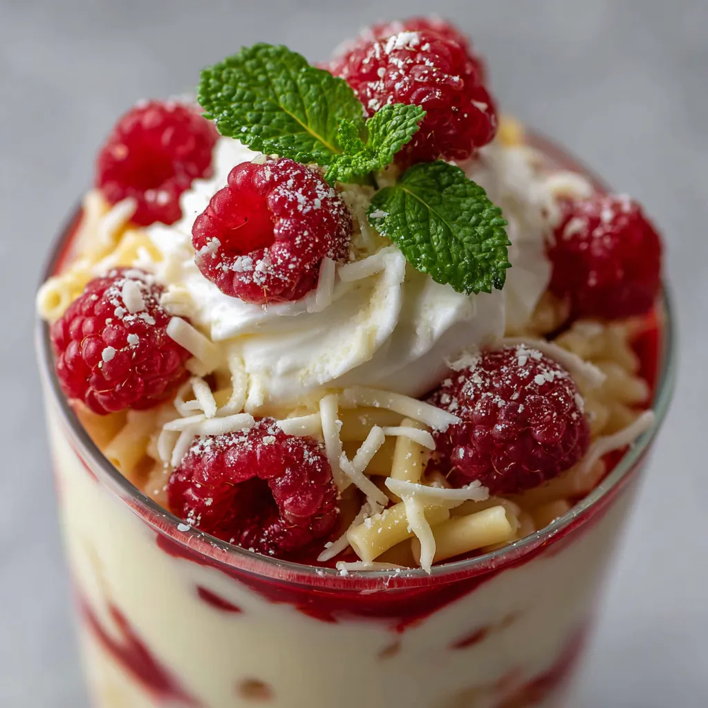 A glass of white chocolate raspberry pasta parfait.