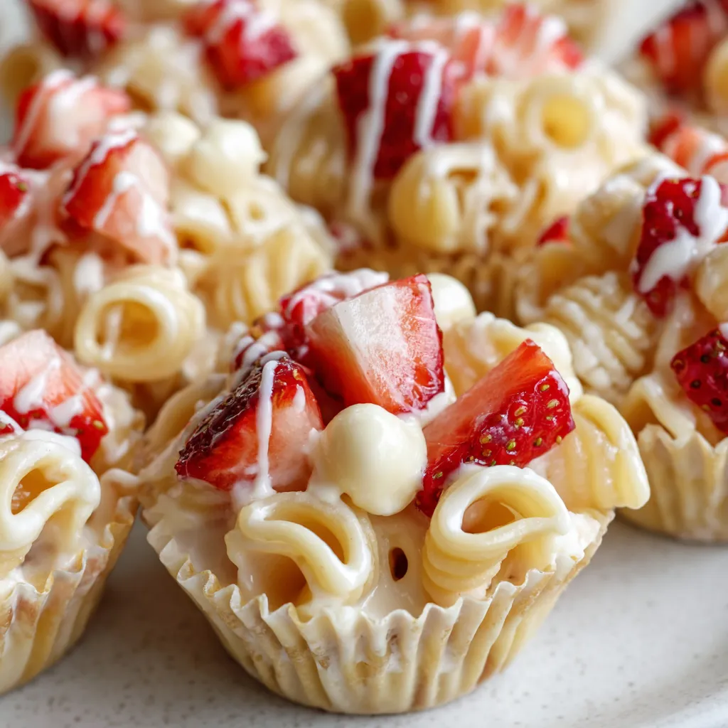 A plate of pasta cups with strawberries and whipped cream.