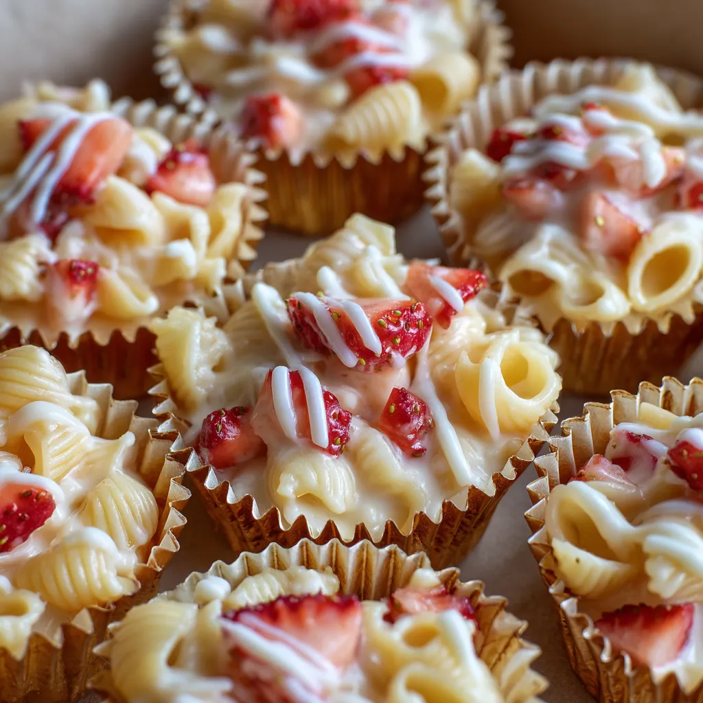 A group of pasta cups with strawberries and cream.