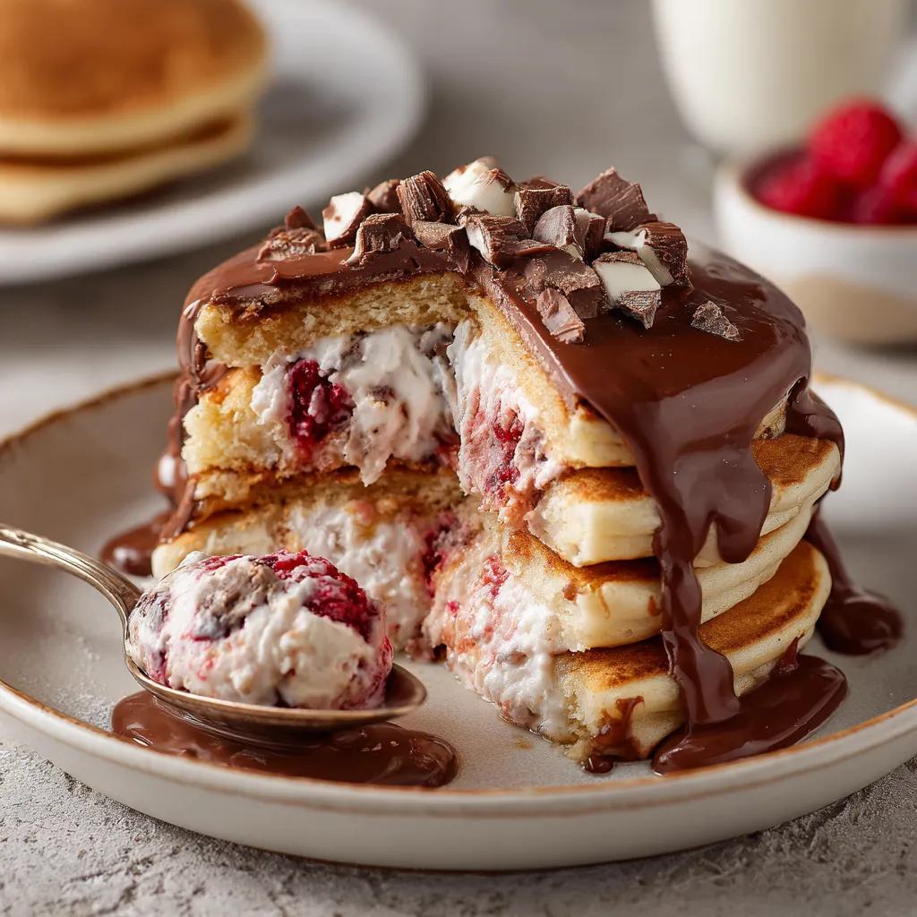 A stack of pancakes with ice cream sandwiched between them.