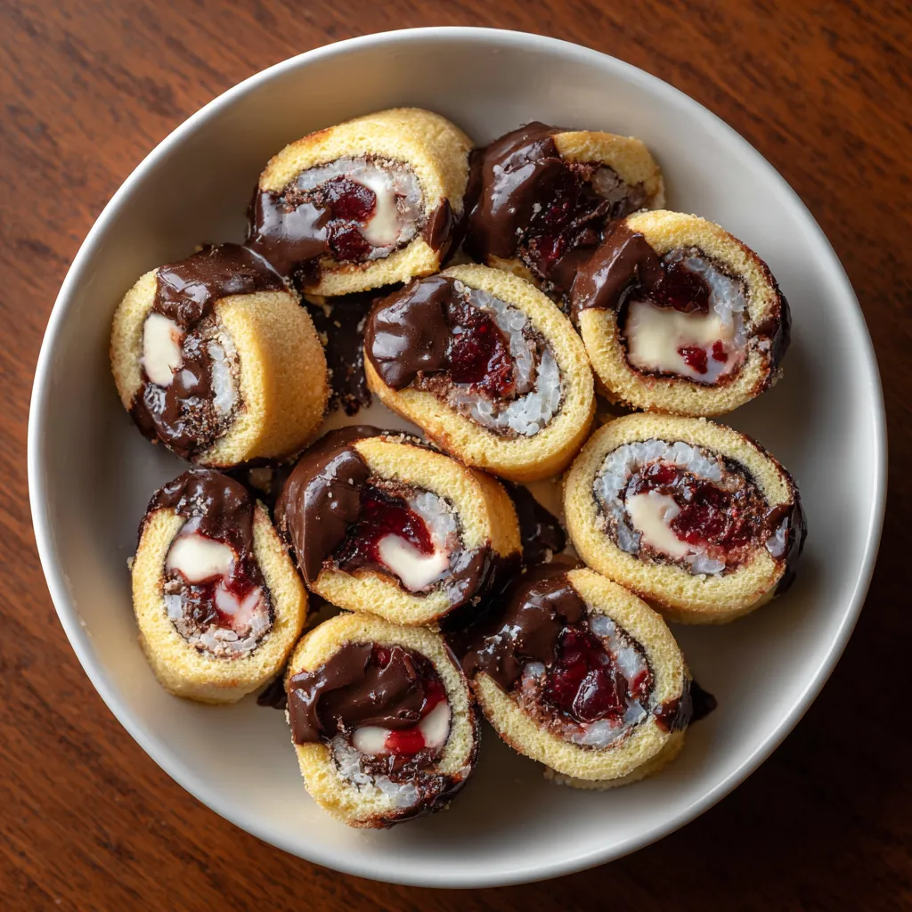 A plate of chocolate covered cherry bomb pancake rolls.