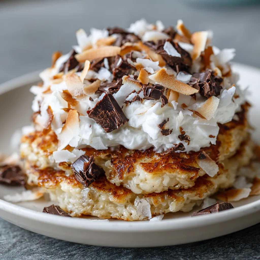A stack of coconut macaroon pancakes.