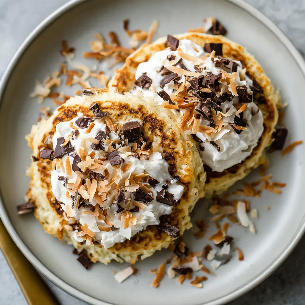 Two pancakes with white and brown toppings.