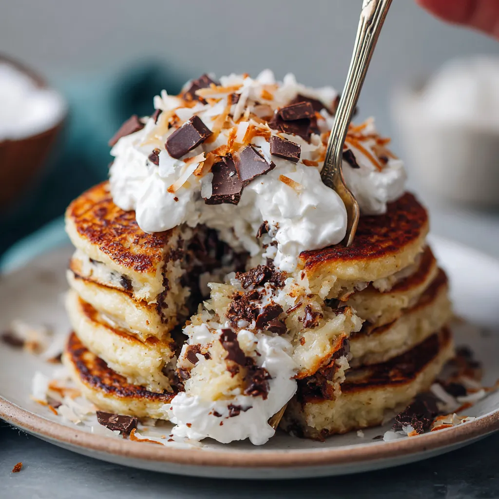 A stack of pancakes with white icing and coconut on top.
