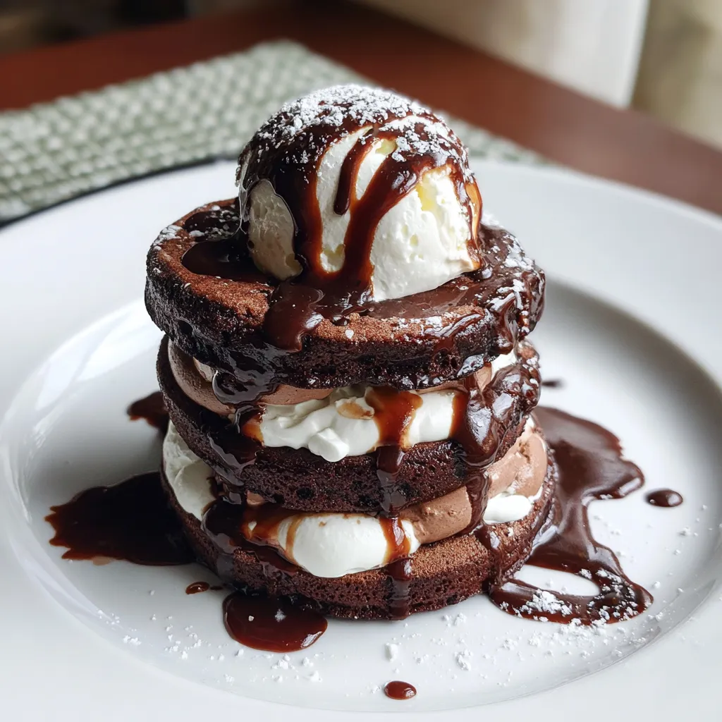 Triple chocolate lava stacks on a plate.