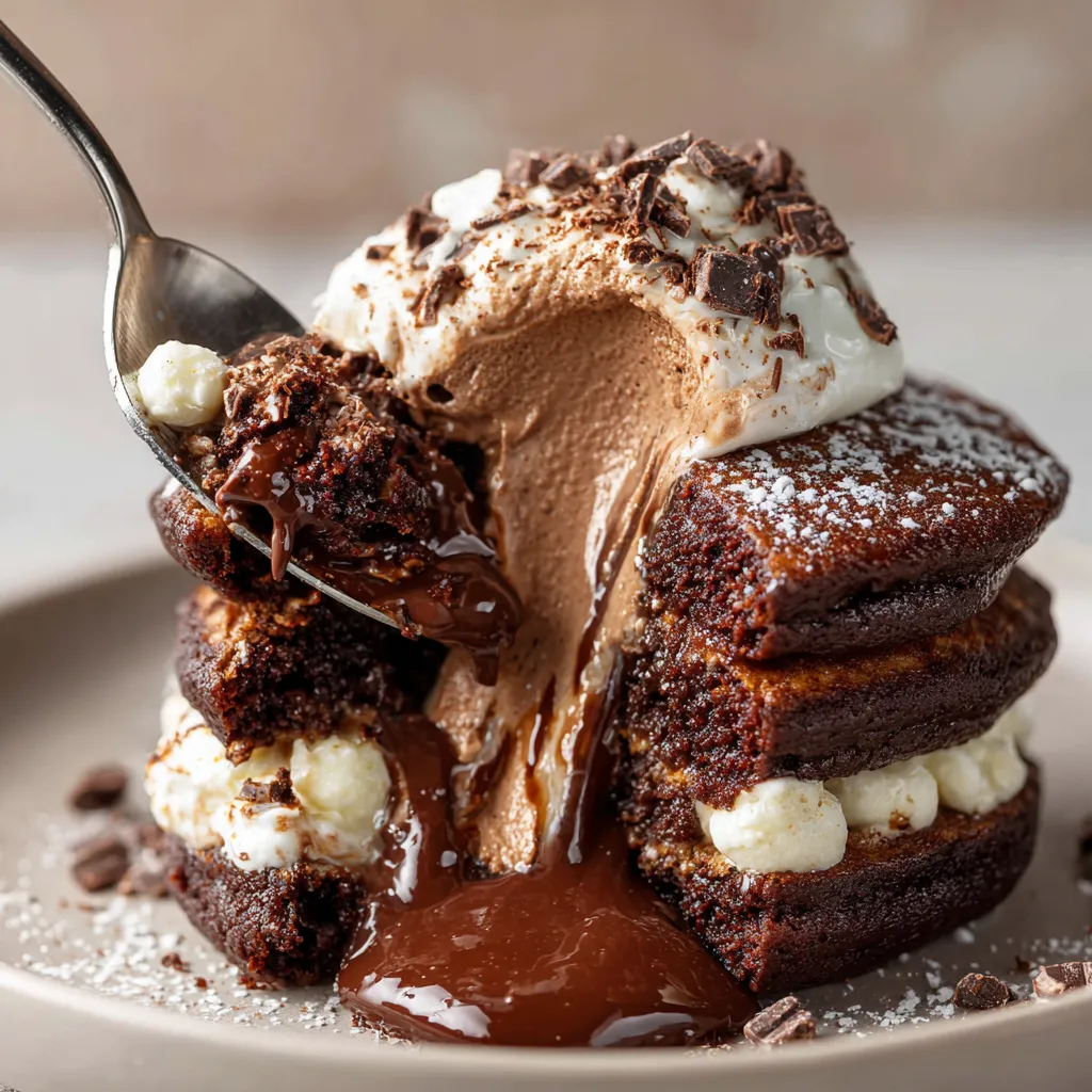 Triple chocolate lava stacks with a scoop of ice cream.