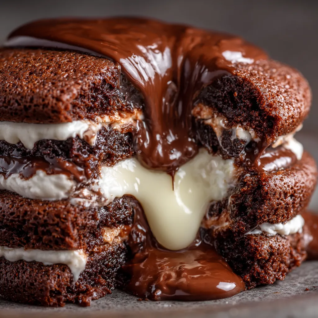 Triple chocolate lava stacks with white icing.