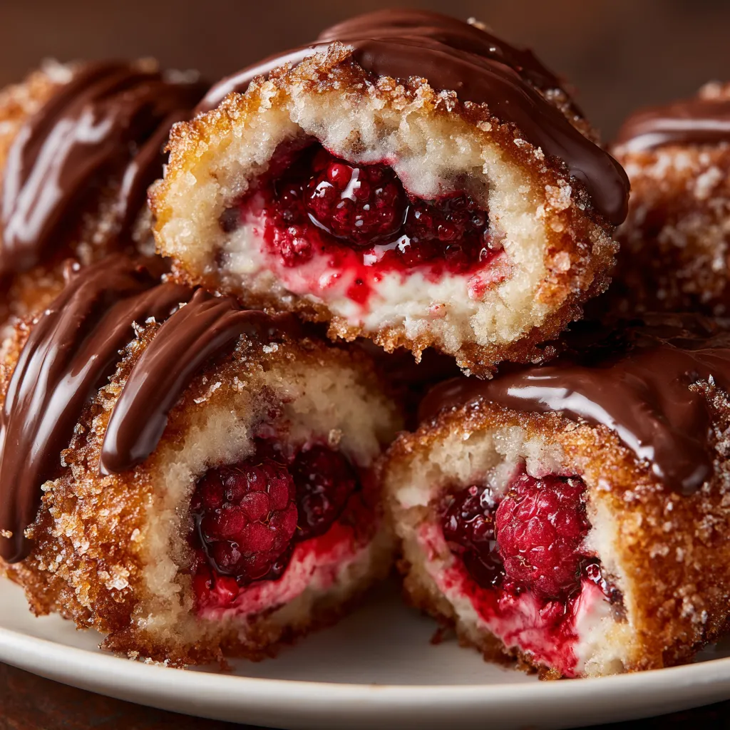 A plate of chocolate covered donuts with raspberry filling.