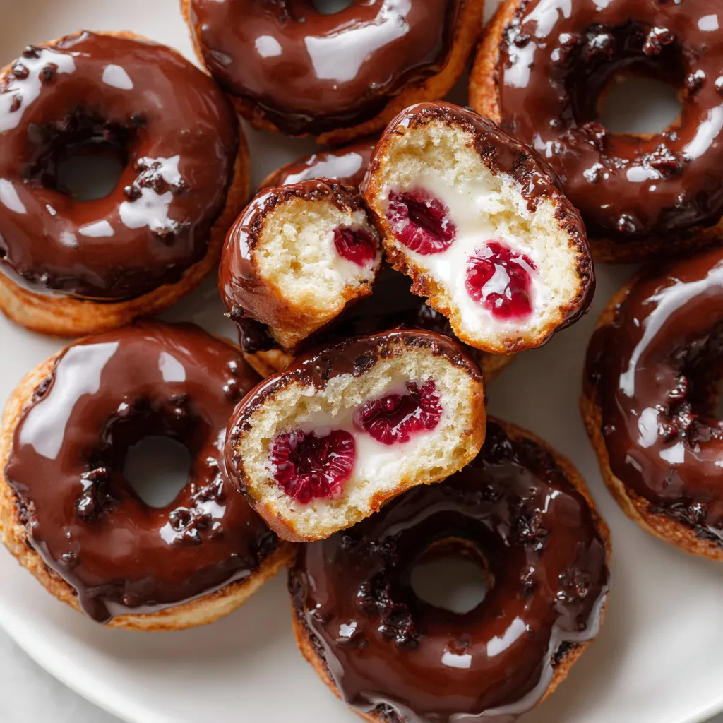 A plate of donuts with one of them cut in half revealing a surprise filling.