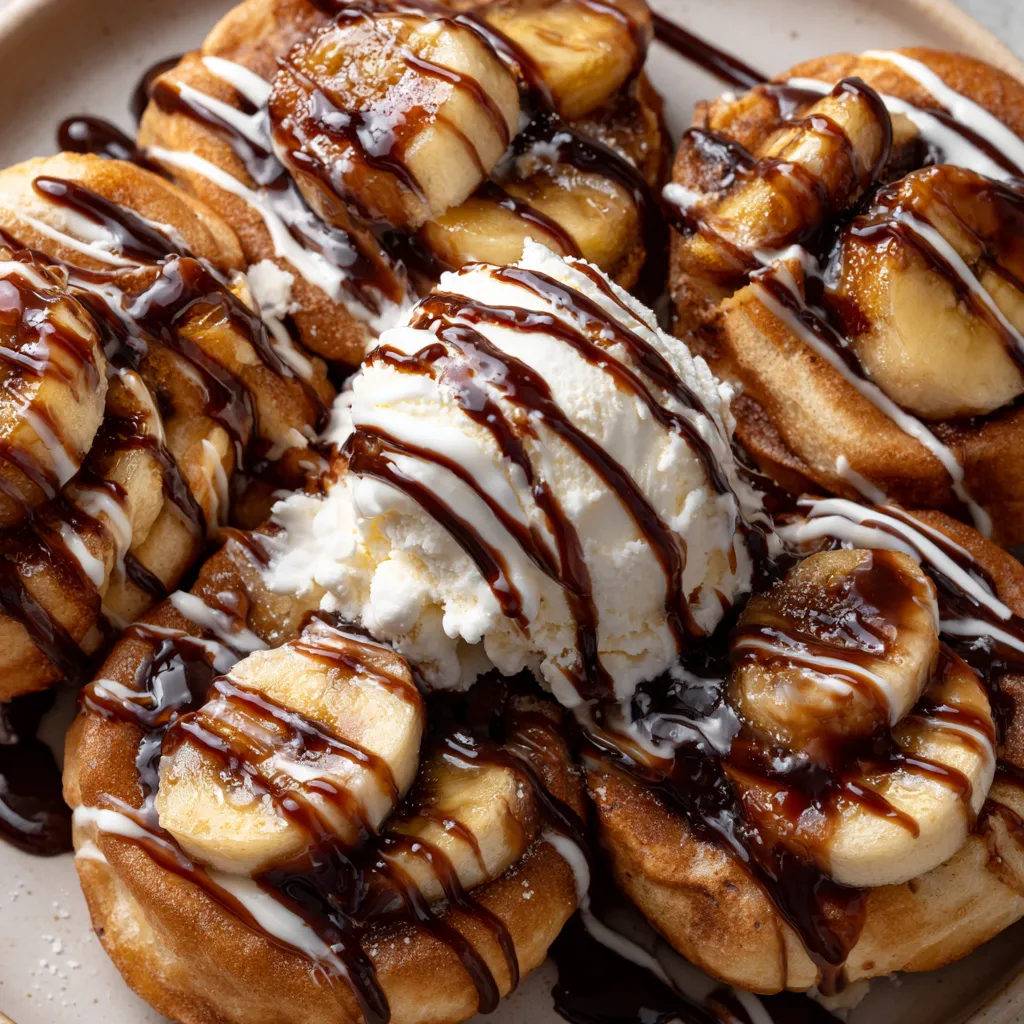 Banana split pancake bombs with chocolate sauce.