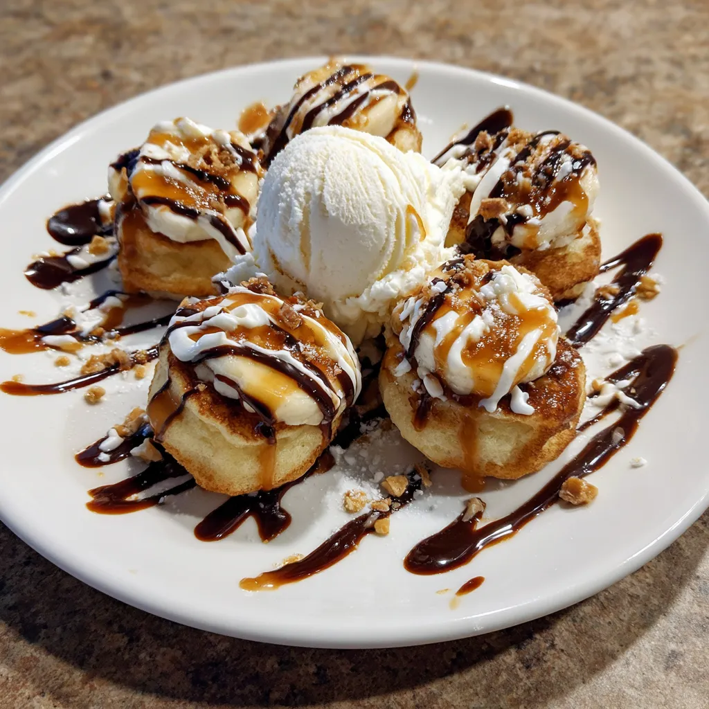 Banana split pancake bombs on a plate.