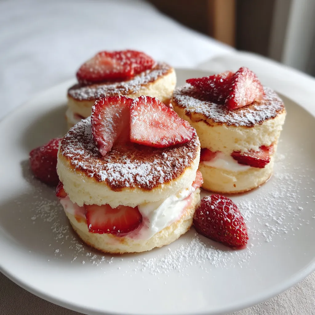 Three strawberry cheesecake cloudcakes on a plate.