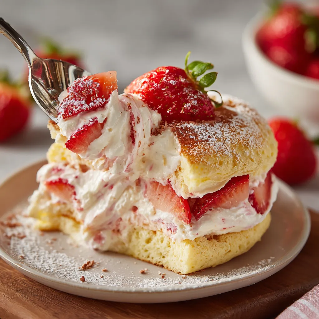 A slice of strawberry cheesecake cloudcakes.