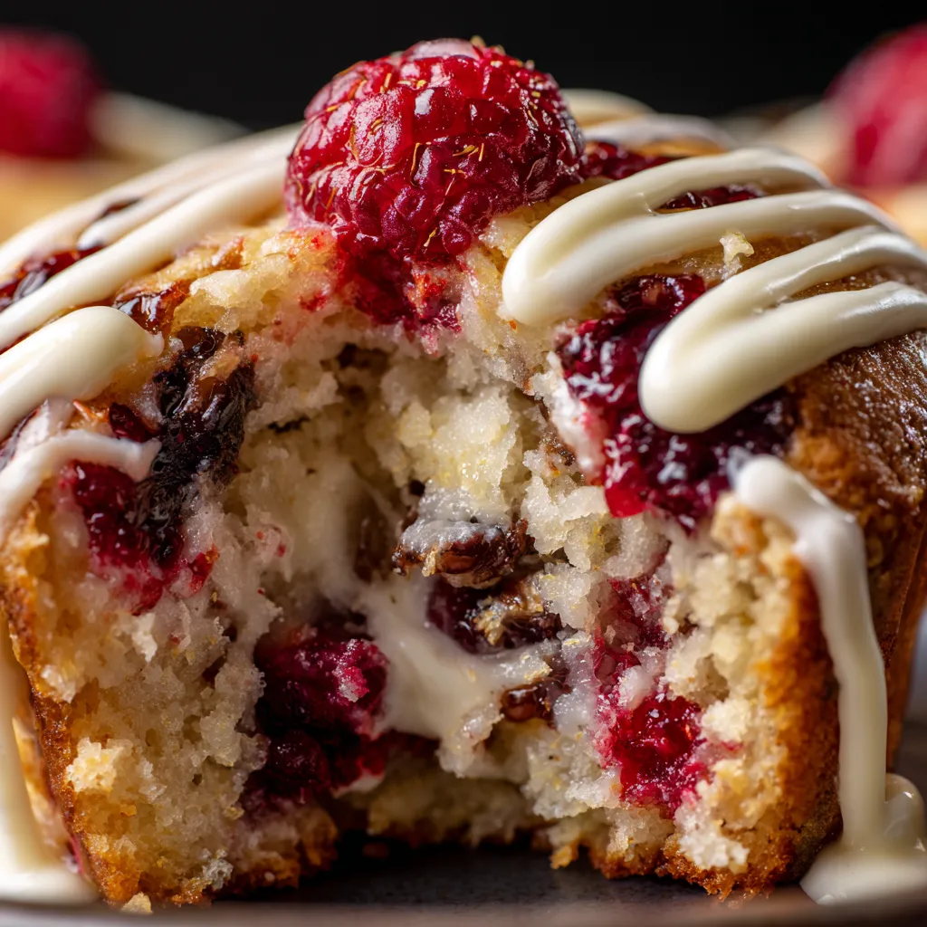A pancake cupcake fusion with white icing and raspberries.
