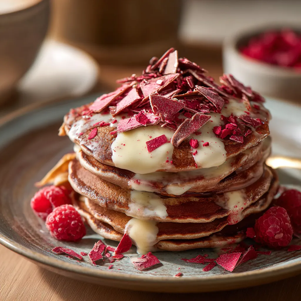 A stack of pancakes with chocolate and raspberry toppings.