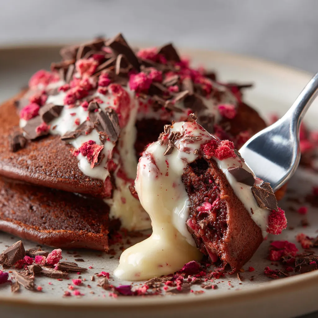 A plate of pancakes with chocolate and strawberry toppings.