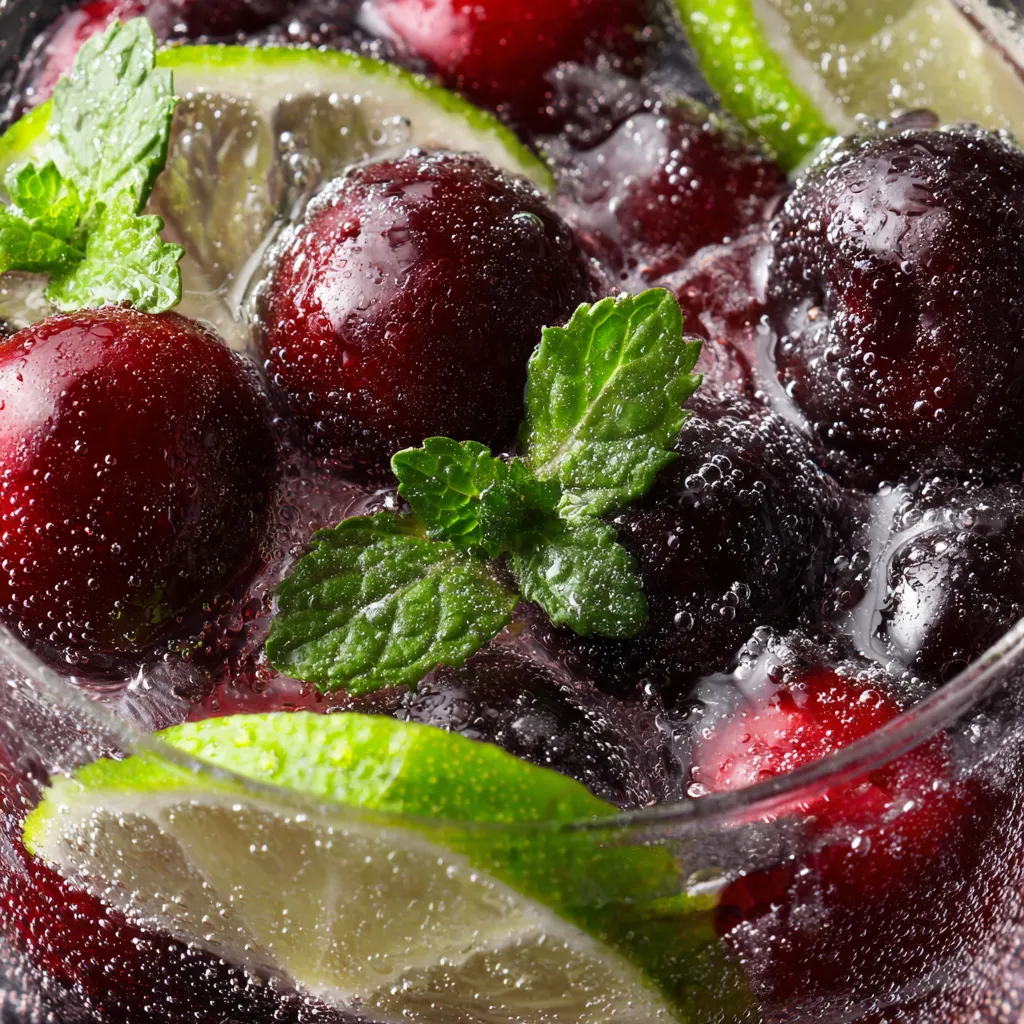 A glass of cherry-infused mocktail with sparkling water.