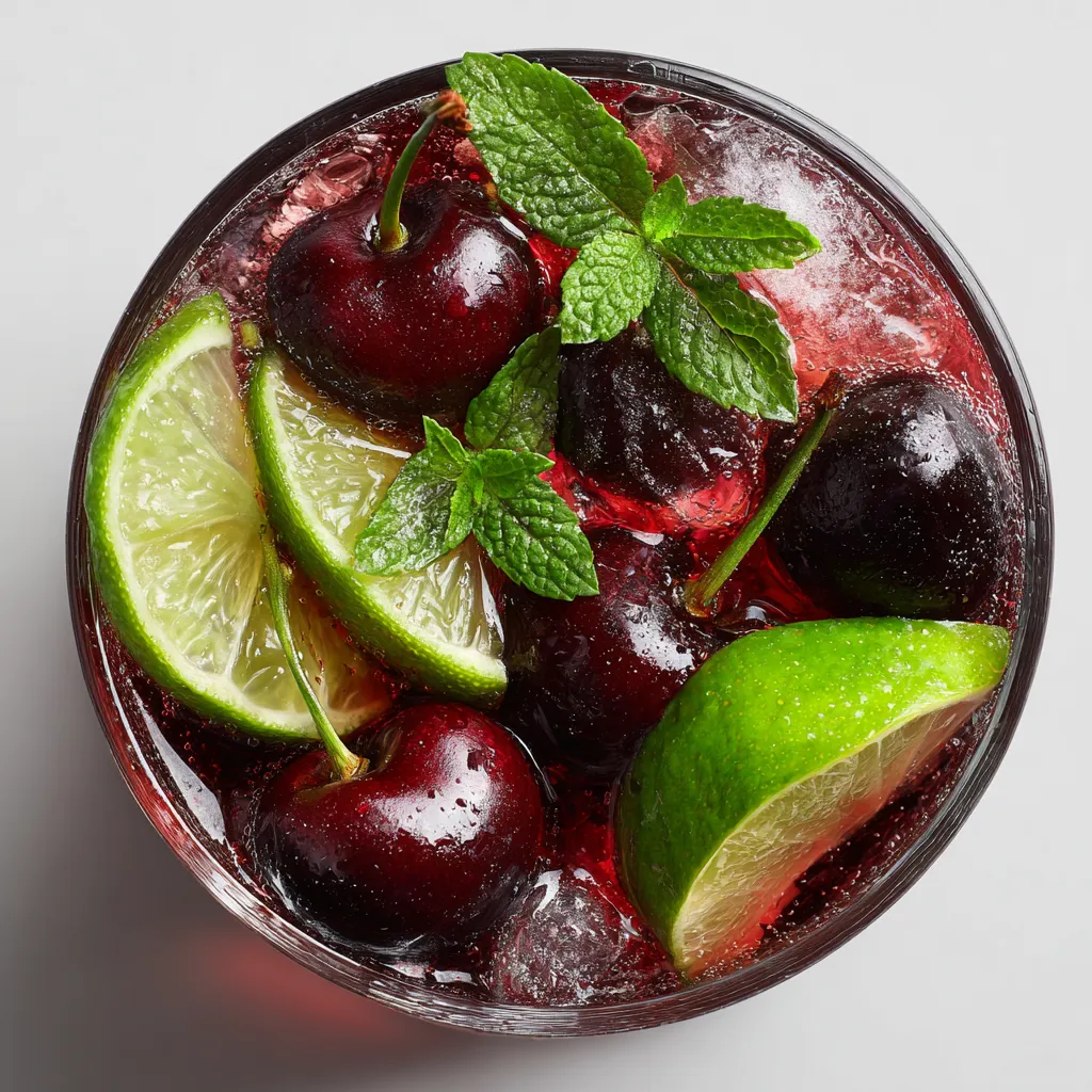 A glass of cherry-infused mocktail with sparkling water.