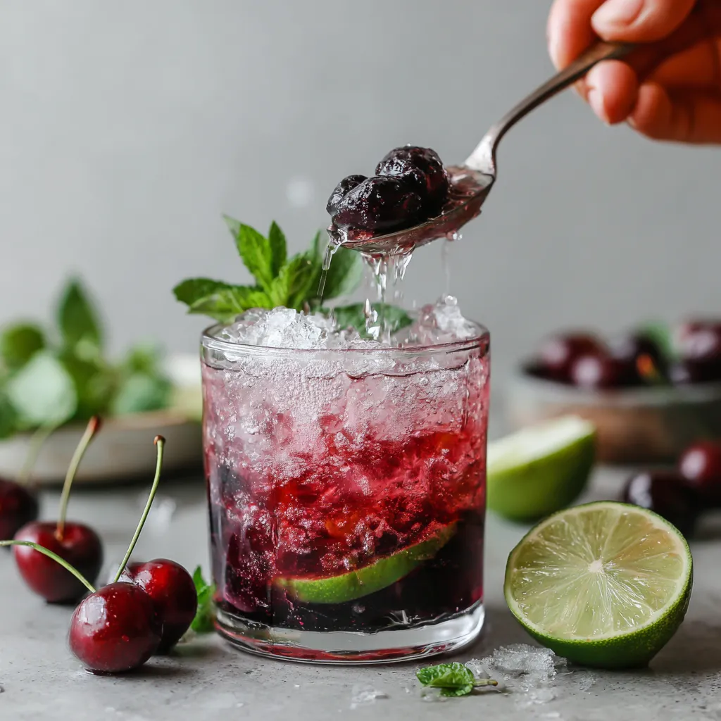 A glass of cherry-infused mocktail with sparkling water.