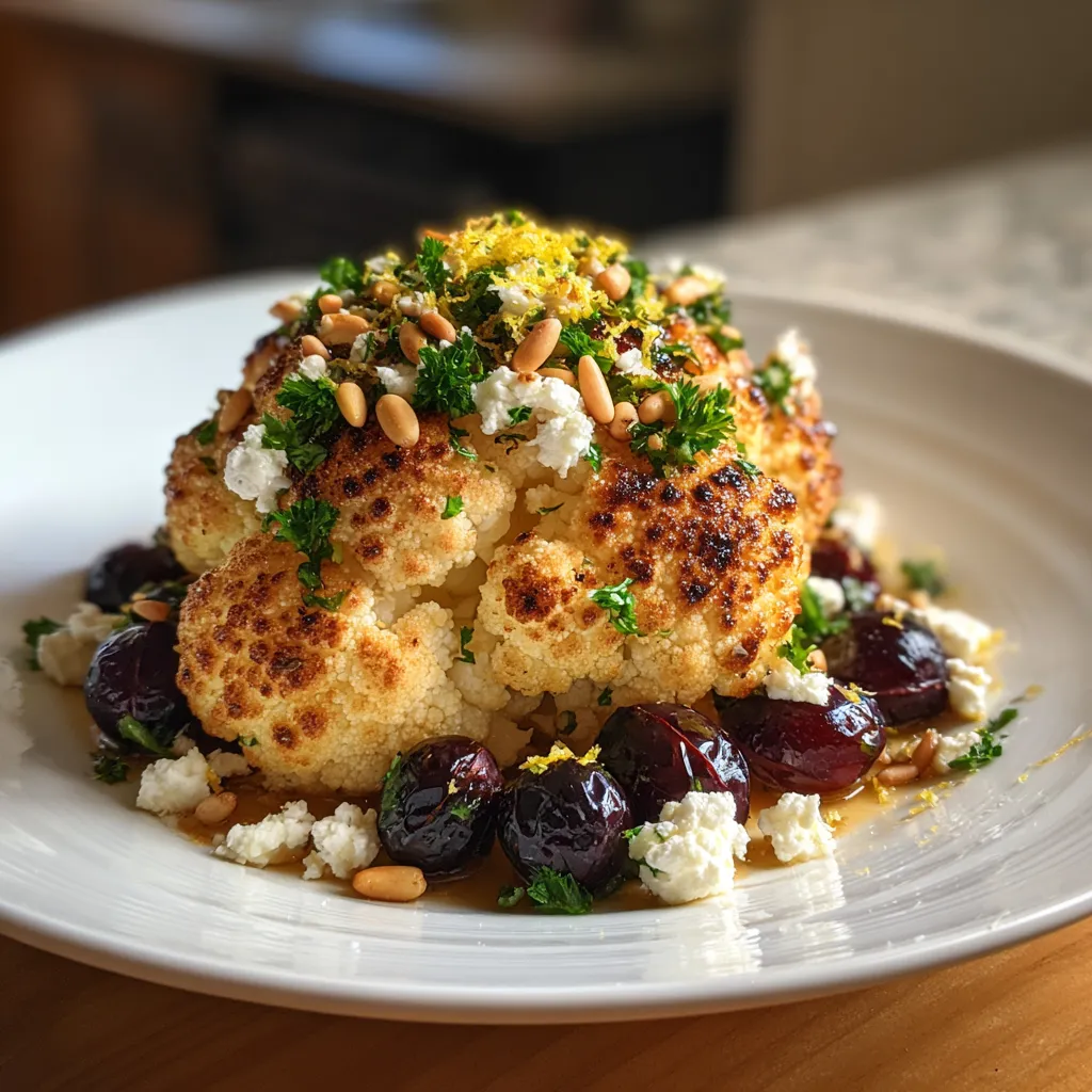 A whole roasted cauliflower with grapes and feta.