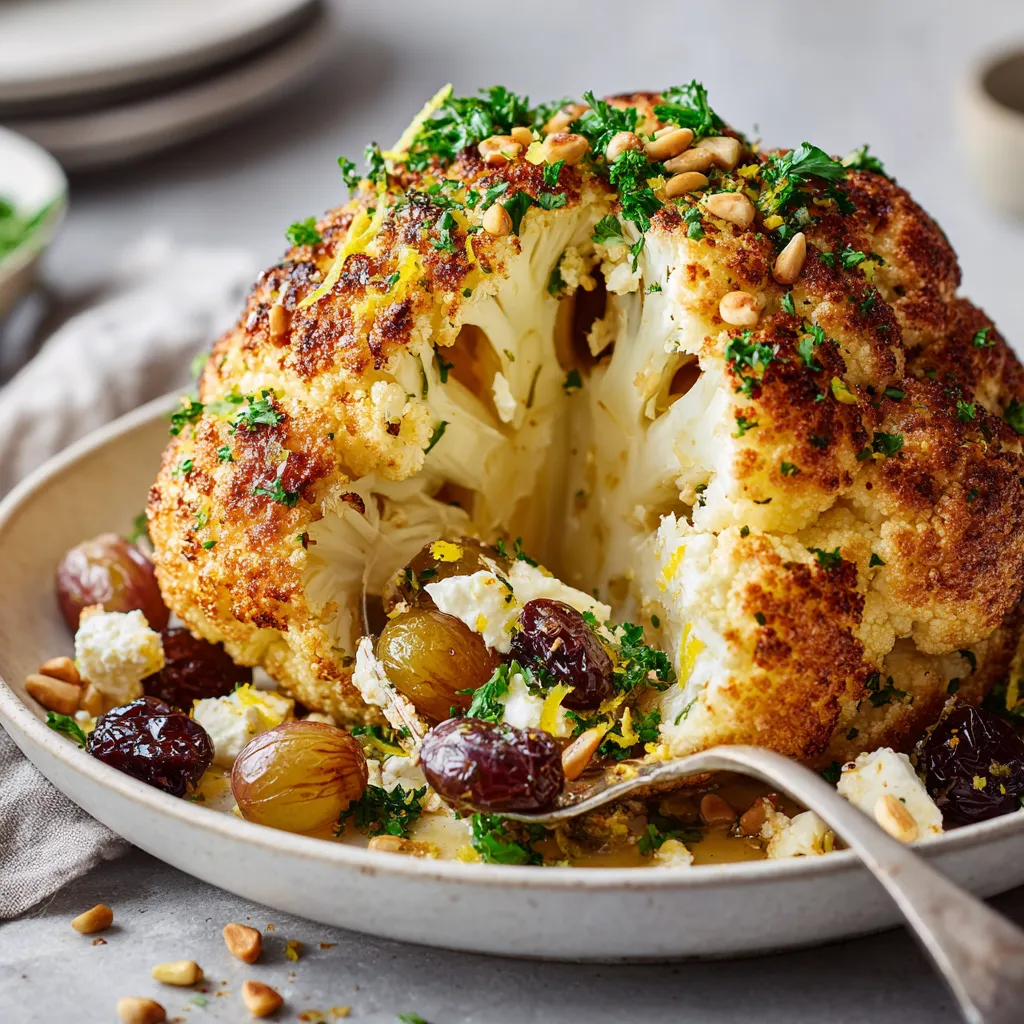A whole roasted cauliflower with grapes and feta.