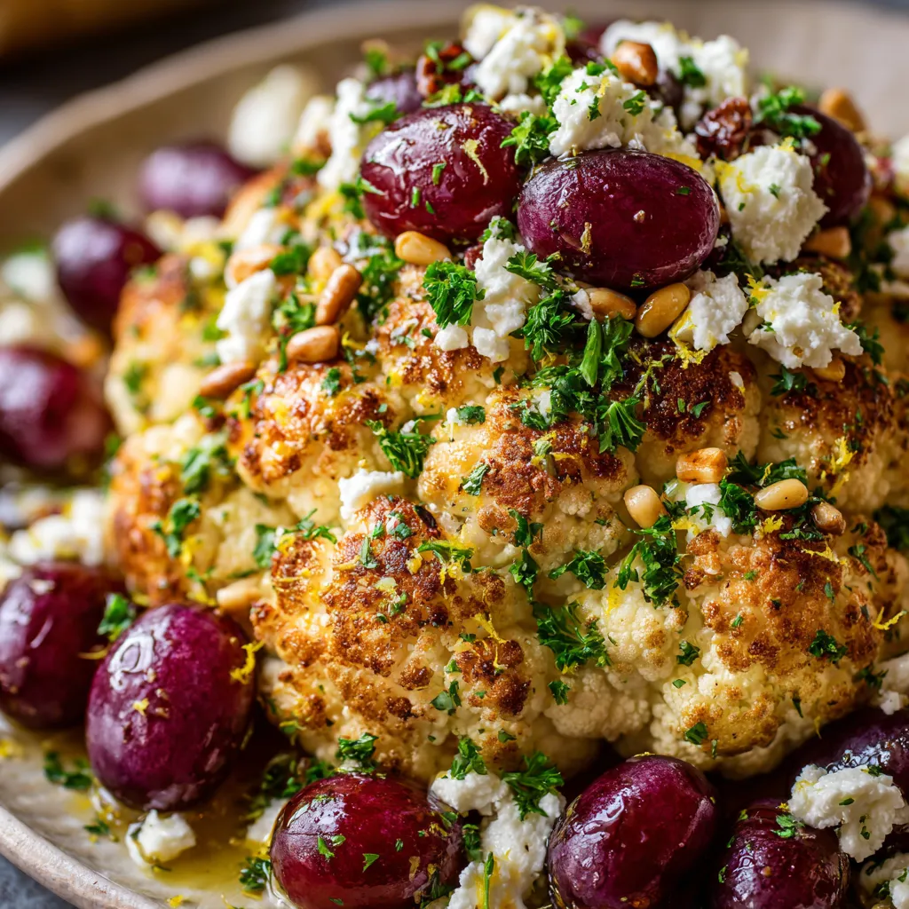 A dish of roasted cauliflower with grapes and feta.