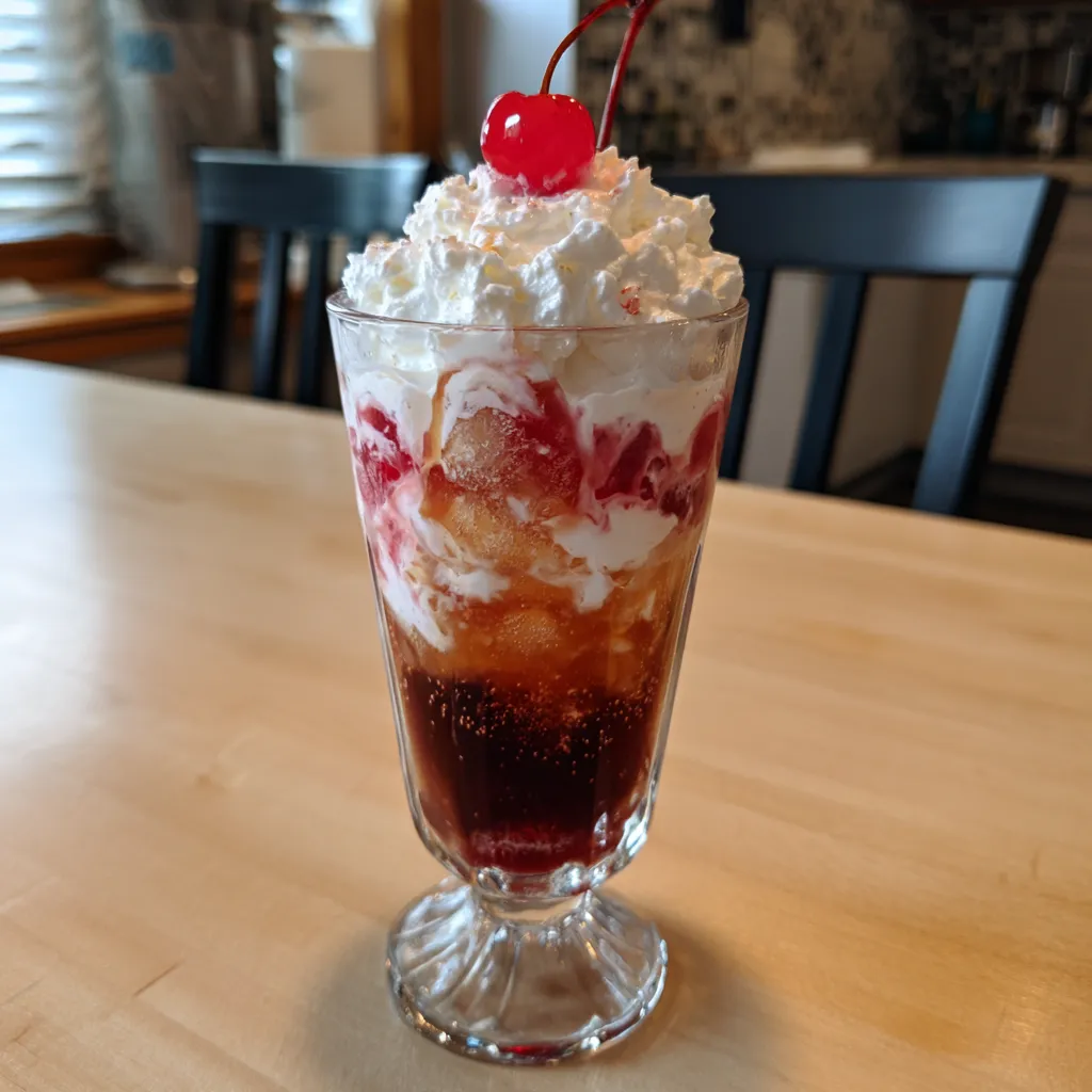 A glass of soda with cherries and whipped cream.