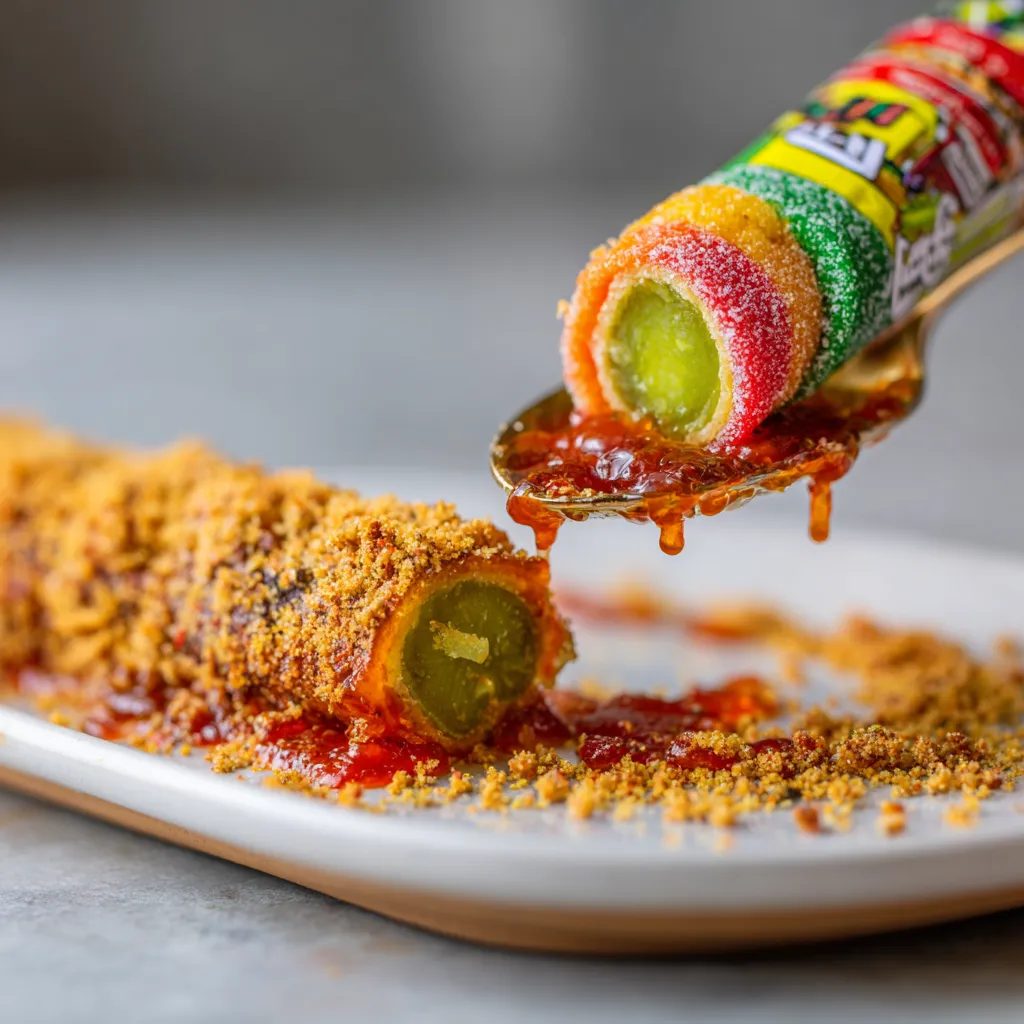 A pickle is being dipped into a chamoy sauce.