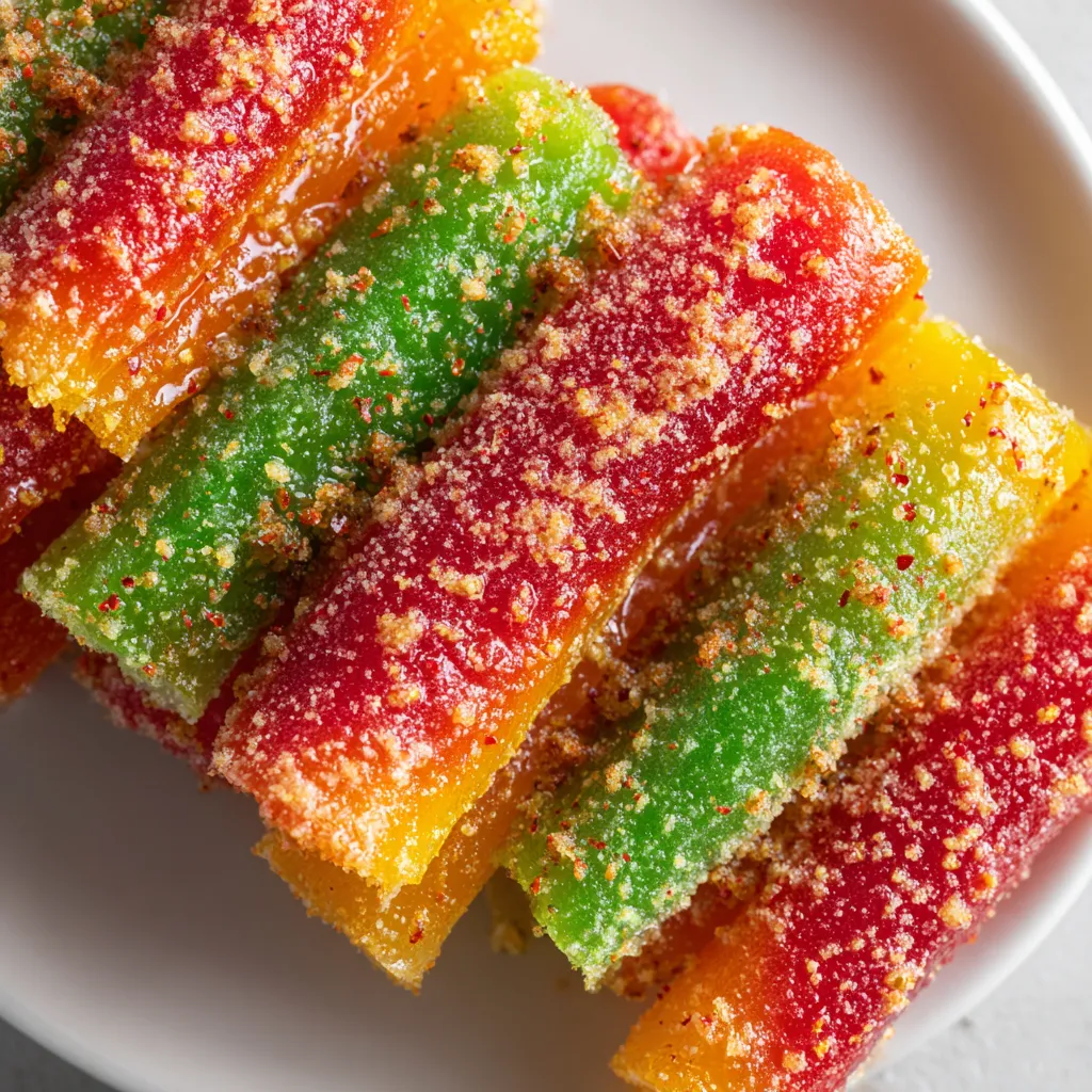 A plate of colorful chamoy pickle snacks.