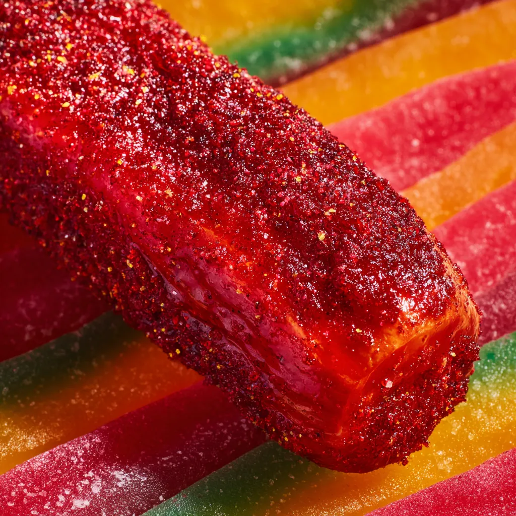 A pickle covered in chamoy sauce.