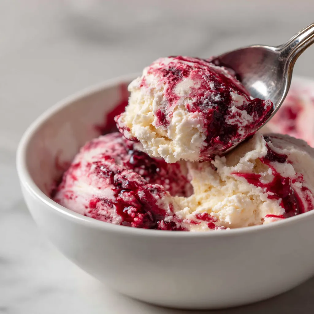 A bowl of cottage cheese ice cream with a berry swirl.