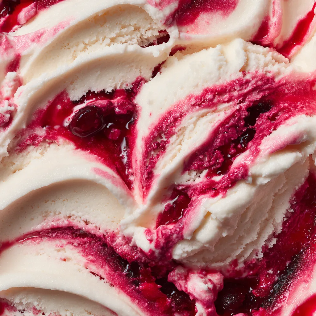 A close up of a cottage cheese ice cream with a berry swirl.