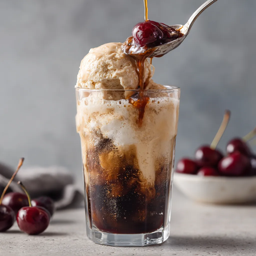 A glass of ice cream and soda with cherries on the side.