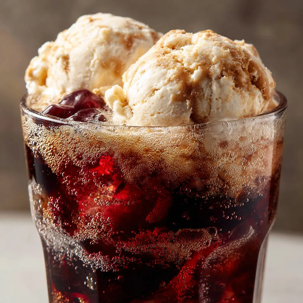 A glass of soda with ice cream in it.
