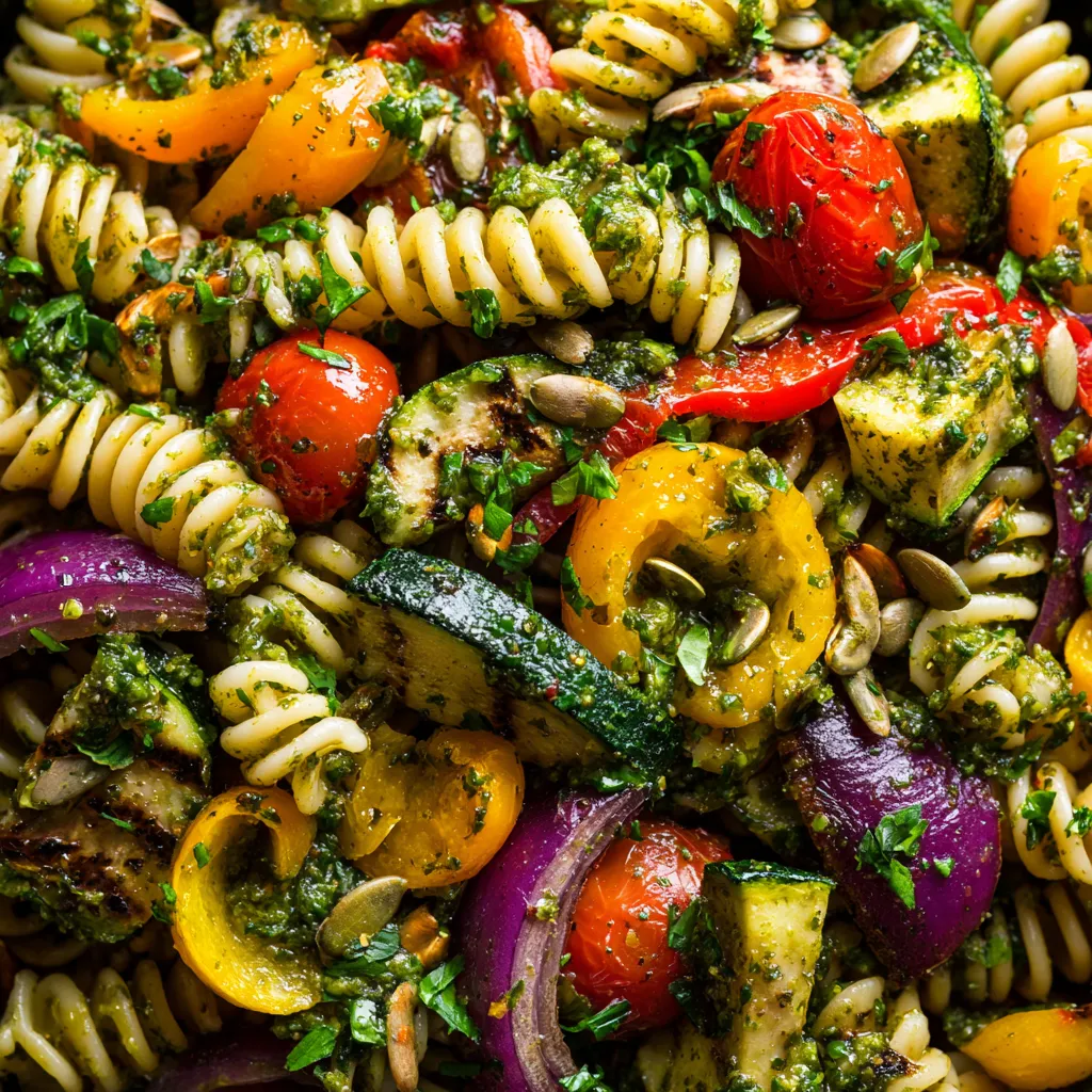 A colorful pasta salad with roasted vegetables.