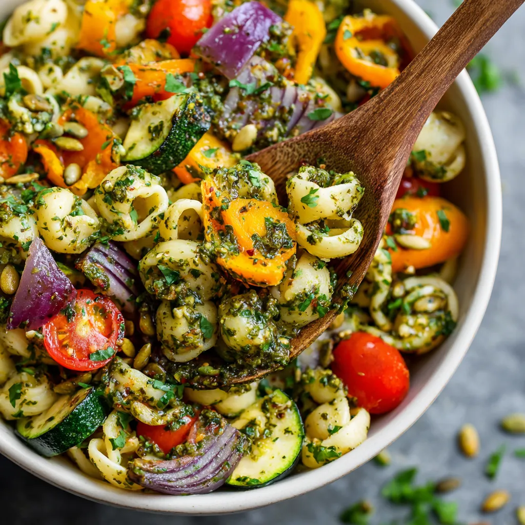 A bowl of pasta salad with roasted vegetables.