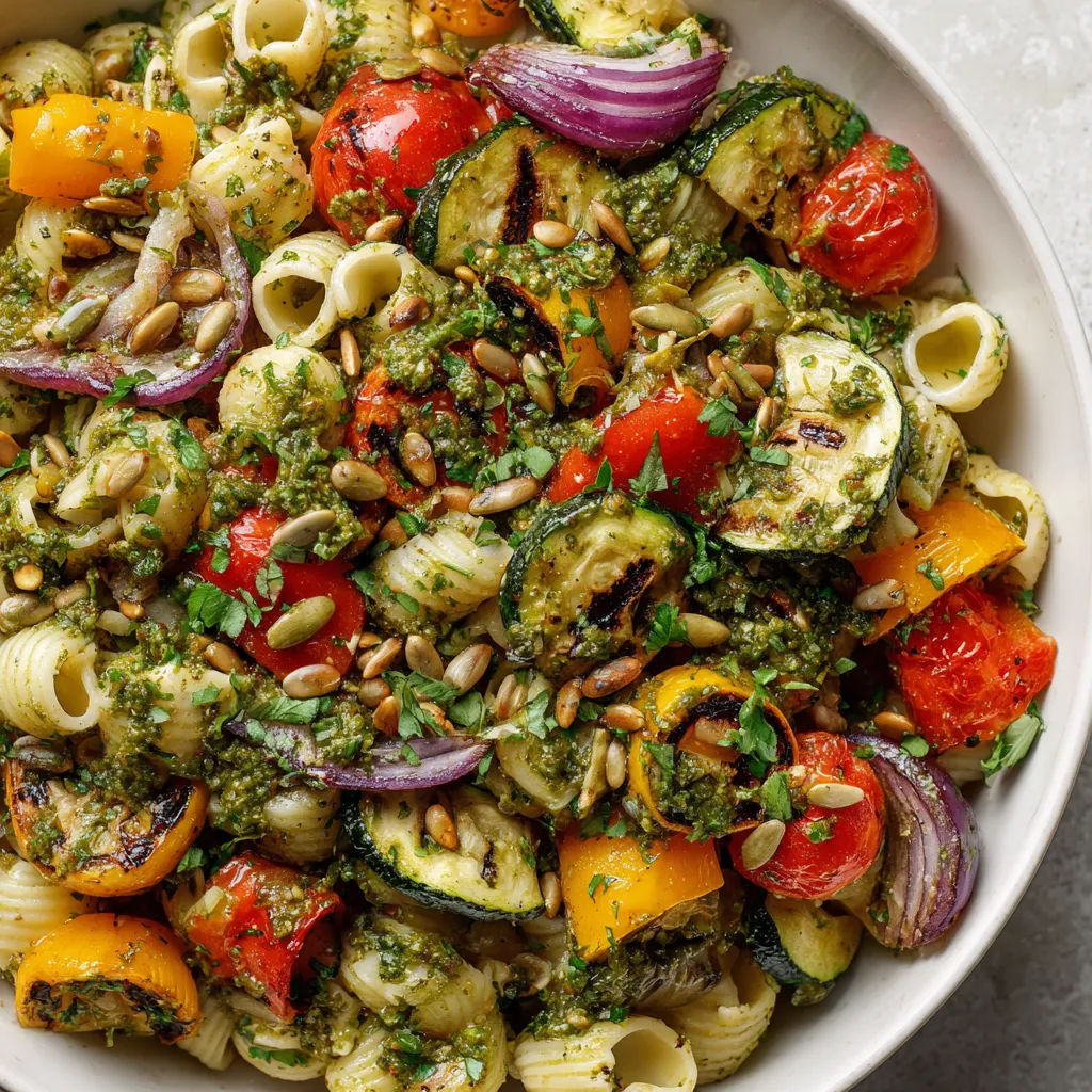 A bowl of pasta salad with roasted vegetables.