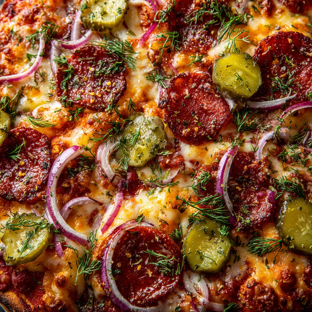 A pizza with pepperoni and pickles on top.