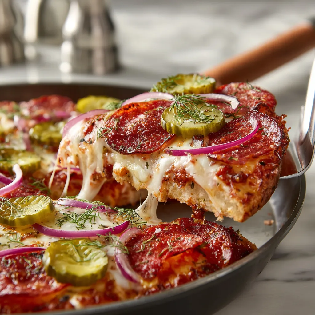 A pizza with pickle-flavored pepperoni on it.
