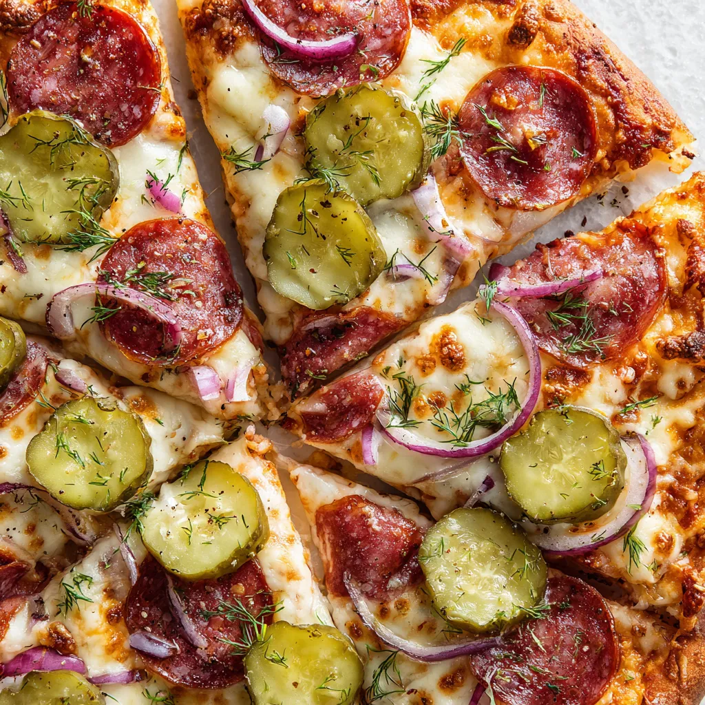 A slice of pizza with pickles on top.