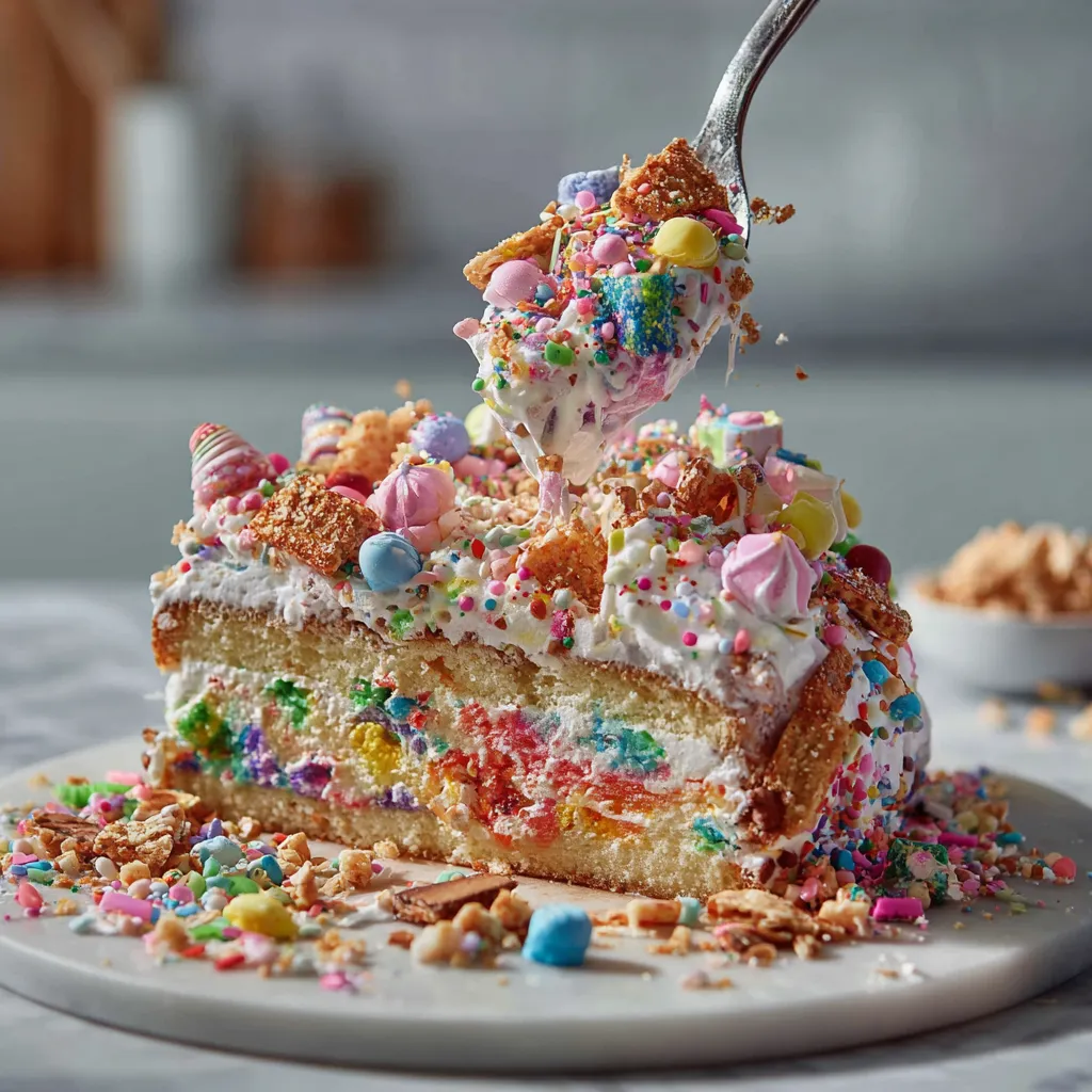 A slice of cake with colorful sprinkles and a fork sticking out of it.