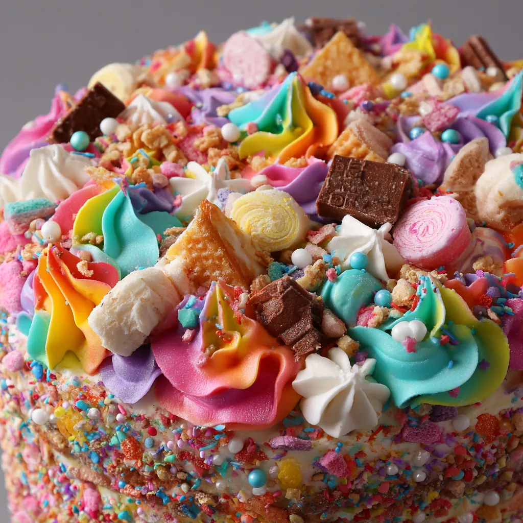 A colorful cake with various toppings.