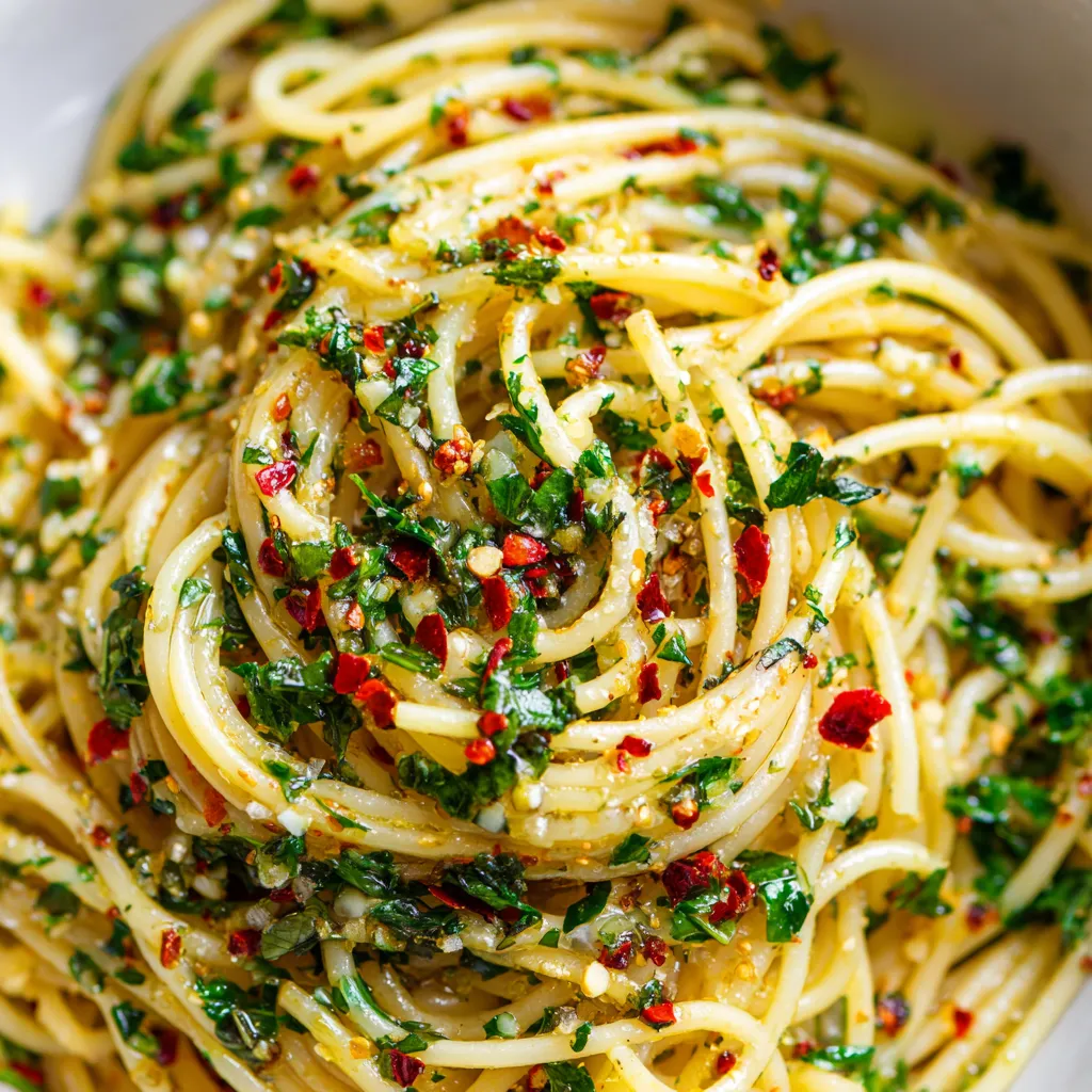 A bowl of spaghetti with herbs and oil.