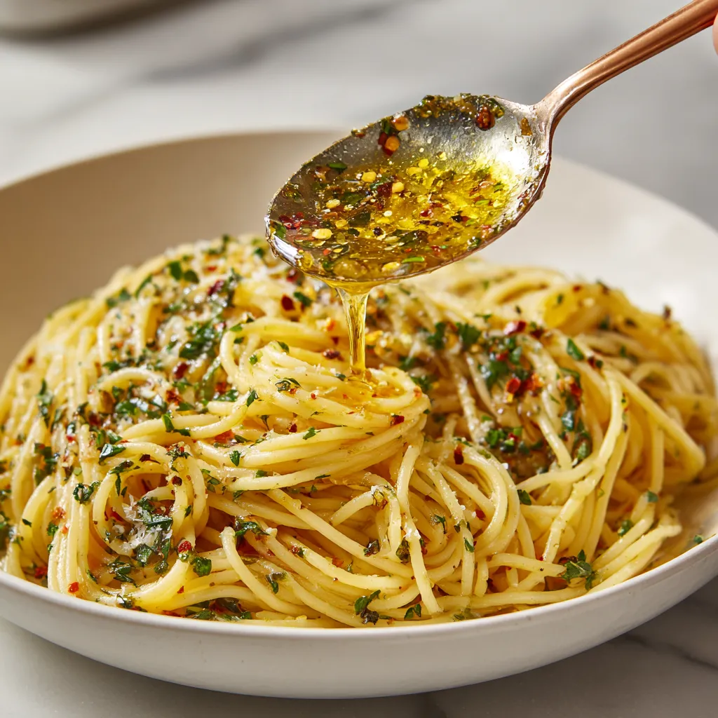 A spoon is being used to pour oil over spaghetti.
