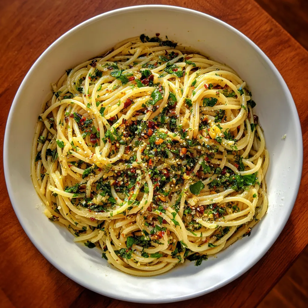 A bowl of spaghetti with herbs and oil.